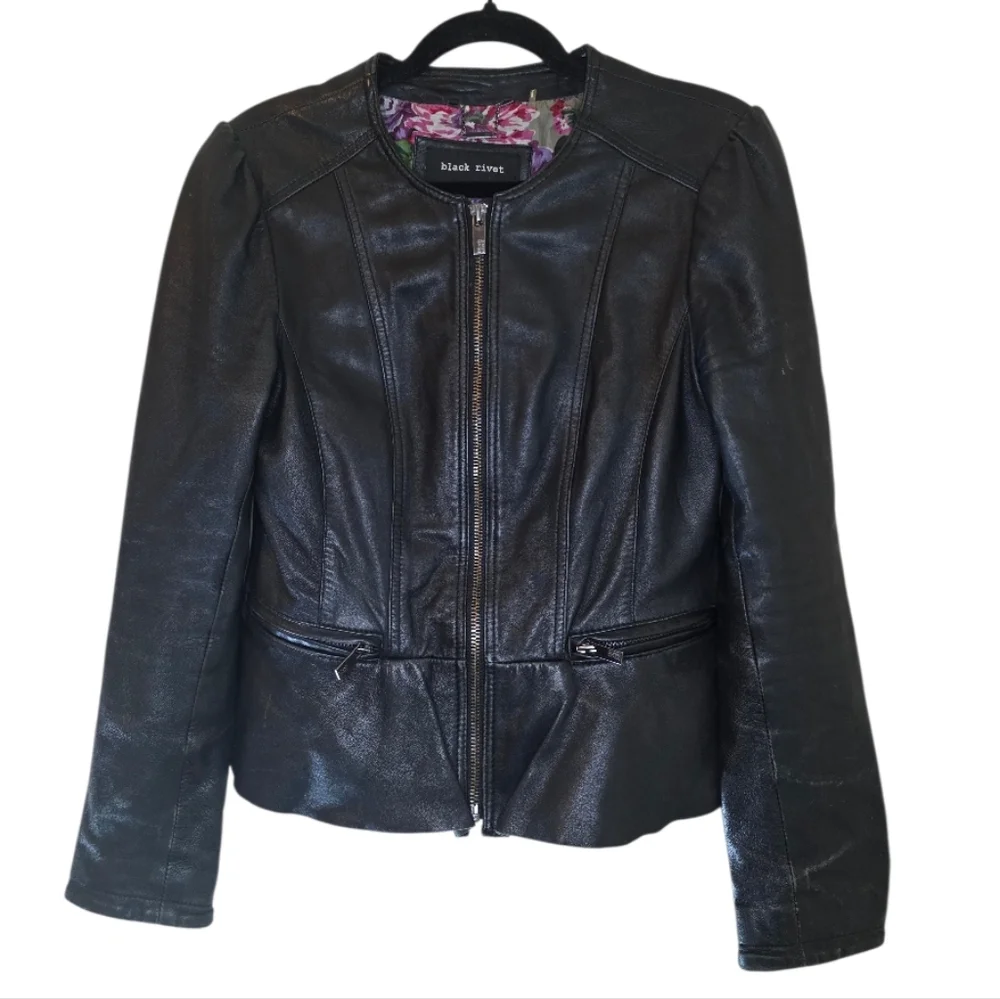 BLACK RIVET Black Leather Jacket Tailored Peplum - Size Small - Picture 1 of 11